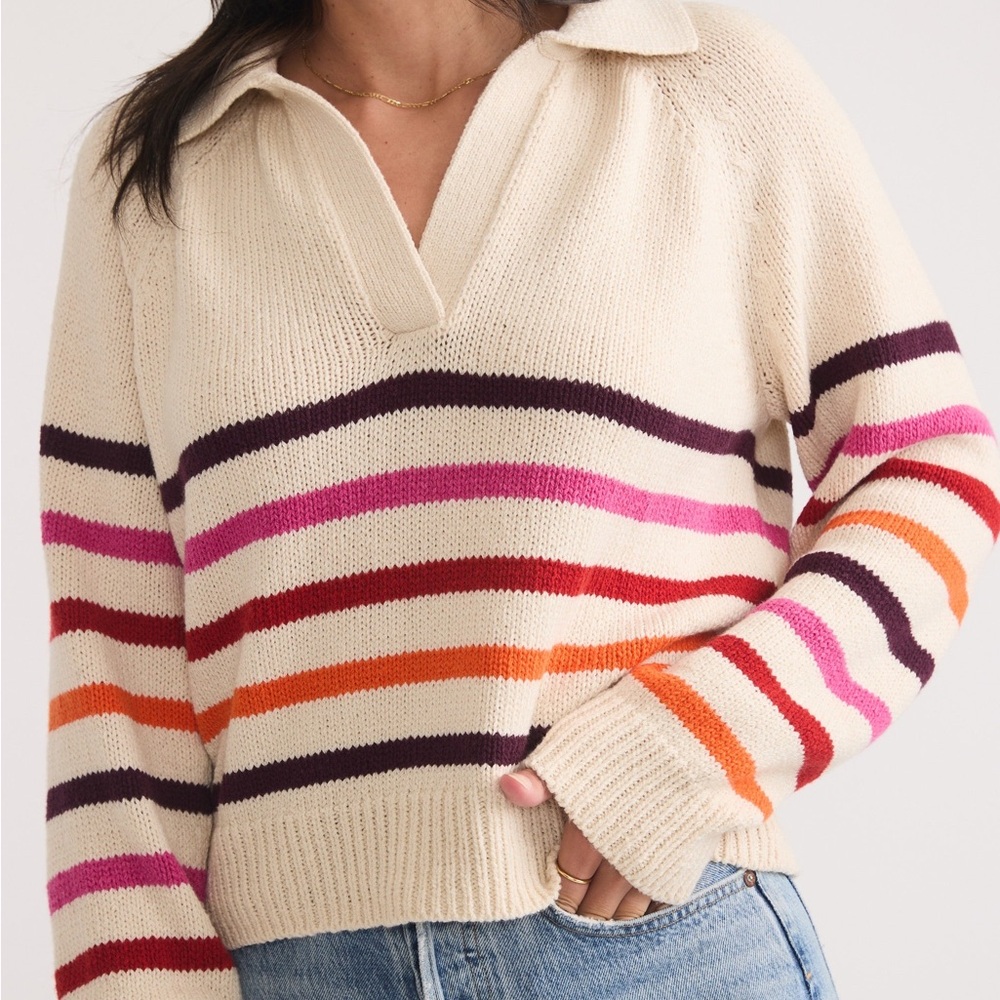 Marine Layer Cream V-Neck Sweater with Pink, Purple, Orange & Red Stripes